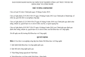 Quyết định 76/QĐ-TTg 2018 danh sách đơn vị sự nghiệp công lập thuộc Bộ Khoa học Công nghệ