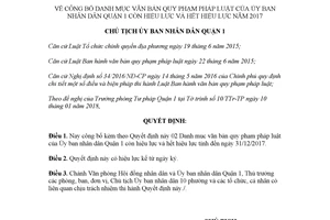 Quyết định 38/QĐ-UBND 2018 Danh mục văn bản của Ủy ban Quận 1 hết hiệu lực Hồ Chí Minh