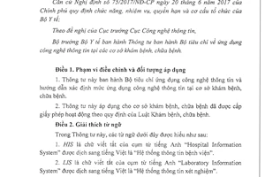 Thông tư 54/2017/TT-BYT Bộ tiêu chí ứng dụng công nghệ thông tin tại các cơ sở khám chữa bệnh