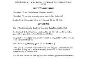 Quyết định 123/QĐ-TTg 2018 thí điểm thành lập Ban Quản lý An toàn thực phẩm Bắc Ninh