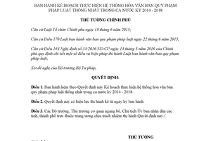 Quyết định 126/QĐ-TTg 2018 Kế hoạch hệ thống hóa văn bản quy phạm pháp luật thống nhất