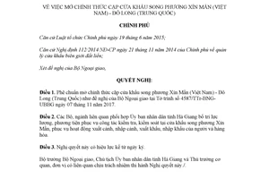 Nghị quyết 06/NQ-CP 2018 phê chuẩn mở chính thức cặp cửa khẩu song phương Xín Mần Đô Long