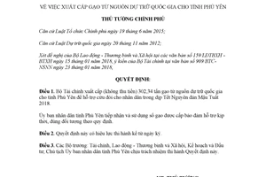 Quyết định 150/QĐ-TTg 2018 xuất cấp gạo từ nguồn dự trữ quốc gia cho Phú Yên