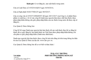 Công văn 1277/QLD-ĐK 2018 bổ sung danh mục nguyên liệu làm thuốc được phép nhập khẩu