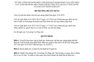 Quyết định 20/QĐ-BXD 2018 công bố Danh mục văn bản hết hiệu lực quản lý nhà nước Bộ Xây dựng