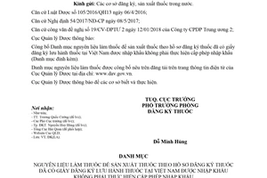 Công văn 1629/QLD-ĐK 2018 danh mục nguyên liệu làm thuốc không phải thực hiện việc cấp phép