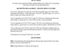 Quyết định 54/QĐ-LĐTBXH 2018 Chương trình công tác lĩnh vực lao động người có công và xã hội