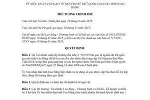 Quyết định 180/QĐ-TTg 2018 xuất cấp gạo từ nguồn dự trữ quốc gia cho tỉnh Cao Bằng