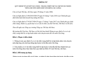 Thông tư 09/2017/TT-BVHTTDL cơ sở vật chất trang thiết bị và tập huấn nhân viên môn Cầu lông