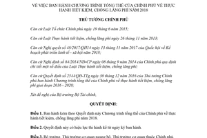 Quyết định 217/QĐ-TTg 2018 Chương trình tổng thể về thực hành tiết kiệm chống lãng phí