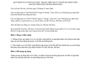 Thông tư 05/2018/TT-BVHTTDL trang thiết bị tập huấn nhân viên chuyên môn đối với môn Bóng bàn