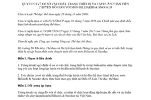 Thông tư 04/2018/TT-BVHTTDL trang thiết bị và tập huấn nhân viên chuyên môn với môn Billiards