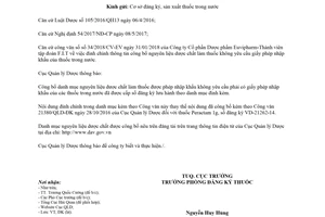 Công văn 2981/QLD-ĐK 2018 đính chính danh mục nguyên liệu dược chất làm thuốc được nhập khẩu