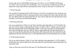 Công văn 816/TCHQ-TXNK 2018 hàng tạm xuất tái nhập thi công công trình