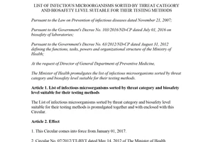 Circular 41/2016/TT-BYT List of infectious microorganisms sorted by threat category