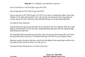 Công văn 3198/QLD-ĐK 2018 đính chính danh mục nguyên liệu dược chất làm thuốc nhập khẩu