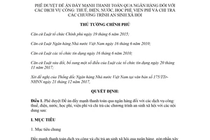 Quyết định 241/QĐ-TTg 2018 Đề án đẩy mạnh thanh toán qua ngân hàng dịch vụ thuế điện nước
