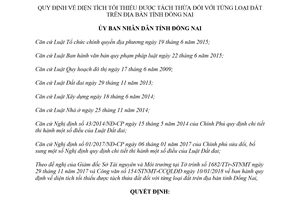 Quyết định 03/2018/QĐ-UBND quy định diện tích tối thiểu được tách thửa từng loại đất Đồng Nai