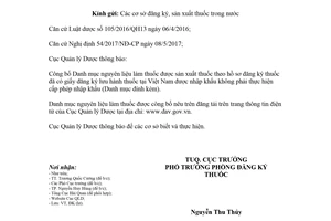 Công văn 4057/QLD-ĐK 2018 danh mục nguyên liệu làm thuốc được nhập khẩu không cấp phép