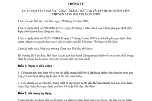 Thông tư 09/2018/TT-BVHTTDL cơ sở vật chất thiết bị tập huấn nhân viên chuyên môn môn Judo