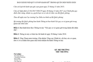 Thông tư 27/2018/TT-BQP Nội quy cơ sở giam giữ trong Quân đội nhân dân