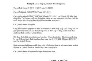 Công văn 4291/QLD-ĐK 2018 đính chính danh mục nguyên liệu dược chất làm thuốc được nhập khẩu