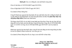 Công văn 4206/QLD-ĐK 2018 danh mục nguyên liệu làm thuốc phải thực hiện cấp phép nhập khẩu