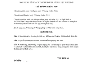 Quyết định 344/QĐ-TTg 2018 Kế hoạch triển khai thi hành Luật Thủy lợi