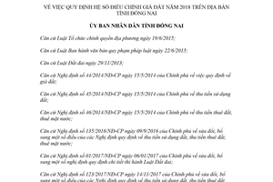 Quyết định 17/2018/QĐ-UBND quy định hệ số điều chỉnh giá đất Đồng Nai