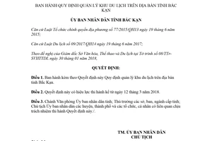 Quyết định 01/2018/QĐ-UBND quy định quản lý khu du lịch Bắc Kạn