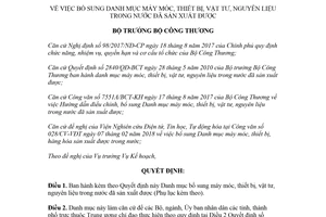 Quyết định 812/QĐ-BCT 2018 bổ sung máy móc thiết bị nguyên liệu trong nước đã sản xuất được