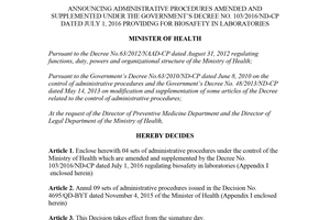 Decision 7248/QD-BYT 2016 announcing administrative procedures biosafety in laboratories