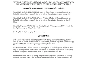 Quyết định 820/QĐ-BTTTT 2018 chức năng nhiệm vụ quyền hạn cơ cấu tổ chức của Báo VietNamNet