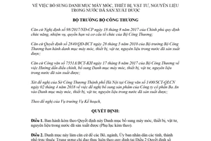 Quyết định 1617/QĐ-BCT 2018 bổ sung danh mục máy móc thiết bị trong nước đã sản xuất được