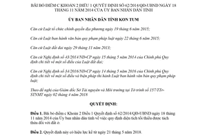 Quyết định 14/2018/QĐ-UBND bỏ điểm c Khoản 2 Điều 1 Quyết định 62/2014/QĐ-UBND Kon Tum