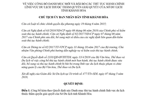 Quyết định 1388/QĐ-UBND 2018 công bố danh mục thủ tục hành chính lĩnh vực du lịch Khánh Hòa