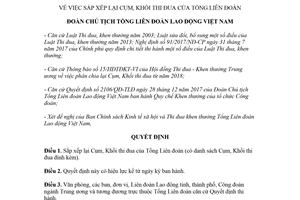 Quyết định 1063/QĐ-TLĐ 2018 sắp xếp lại cụm khối thi đua của Tổng Liên đoàn Lao động Việt Nam