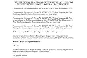 Circular 240/2016/TT-BTC price ceilings for health quarantine services preventive medicine services