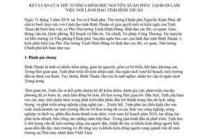 Thông báo 226/TB-VPCP 2018 kết luận Thủ tướng Chính phủ tại buổi làm việc Lãnh đạo Bình Thuận