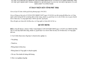 Quyết định 12/2018/QĐ-UBND sửa đổi 2202/2015/QĐ-UBND cơ cấu tổ chức Sở Khoa học Phú Thọ