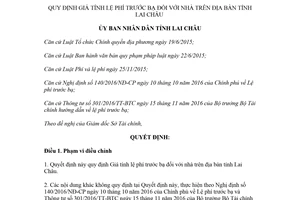 Quyết định 25/2018/QĐ-UBND quy định giá tính lệ phí trước bạ đối với nhà Lai Châu