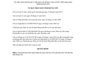 Quyết định 22/2018/QĐ-UBND về Quy chế bảo vệ bí mật nhà nước Hưng Yên