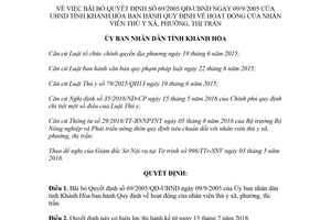 Quyết định 23/2018/QĐ-UBND bãi bỏ Quyết định 69/2005/QĐ-UBND Khánh Hòa