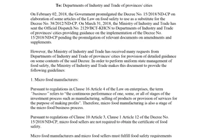 Official Dispatch 3109/BCT-KHCN 2018 guidance on food safety management