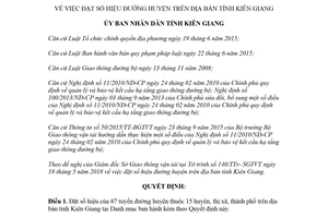 Quyết định 15/2018/QĐ-UBND đặt số hiệu đường huyện Kiên Giang