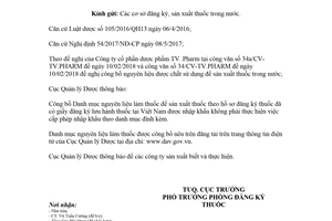 Công văn 13191/QLD-ĐK 2018 công bố nguyên liệu làm thuốc được nhập khẩu không phải cấp phép