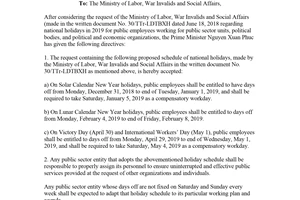 Official Dispatch 6519/VPCP-KGVX 2018 national holidays for public sector employees