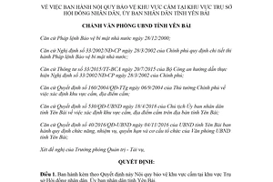 Quyết định 560/QĐ-VPUBND 2018 Nội quy bảo vệ khu vực cấm tại khu vực Trụ sở Ủy ban Yên Bái