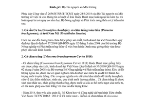 Công văn 5303/BNN-TCTS 2018 cung cấp thông tin một số loài thuộc Danh mục loài ngoại lai xâm hại