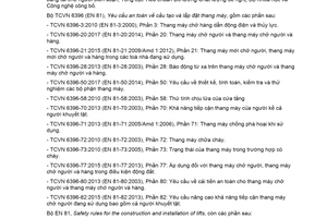 Tiêu chuẩn quốc gia TCVN 6396-20:2017 (EN 81-20:2014) về Yêu cầu an toàn về cấu tạo và lắp đặt thang máy - Thang máy chở người và hàng - Phần 20: Thang máy chở người và thang máy chở người và hàng